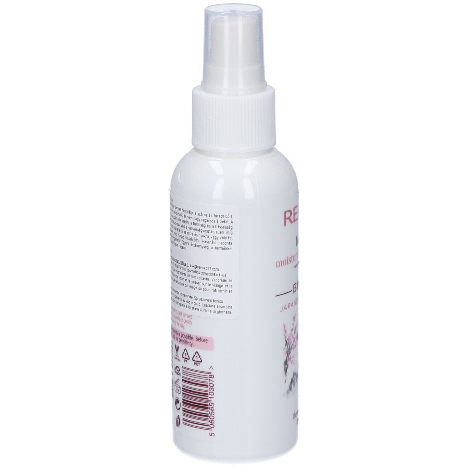 Revox Tonic Moisturizing Essence con fiori di ciliegio e latte di riso in un flacone spray bianco.