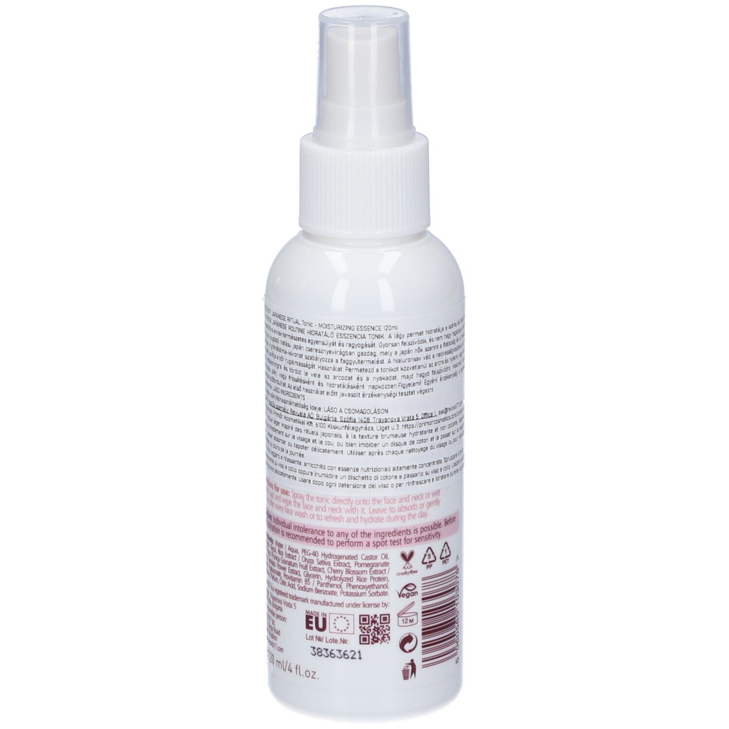 Revox Tonic Moisturizing Essence con fiori di ciliegio e latte di riso in un flacone spray bianco.