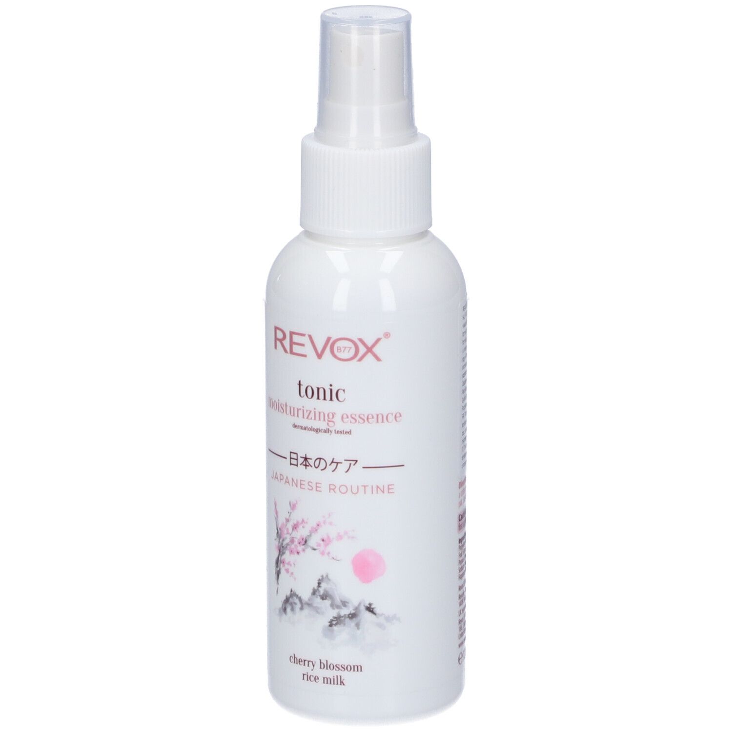 Revox Tonic Moisturizing Essence con fiori di ciliegio e latte di riso in un flacone spray bianco.