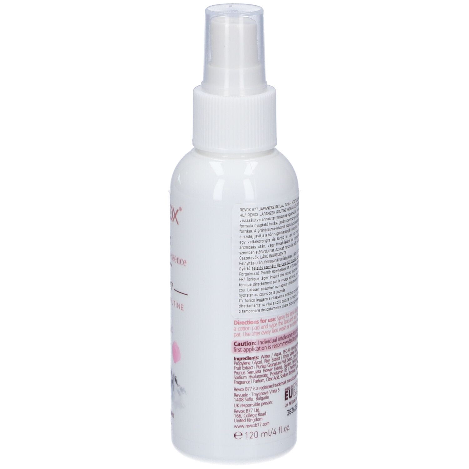 Revox Tonic Moisturizing Essence con fiori di ciliegio e latte di riso in un flacone spray bianco.