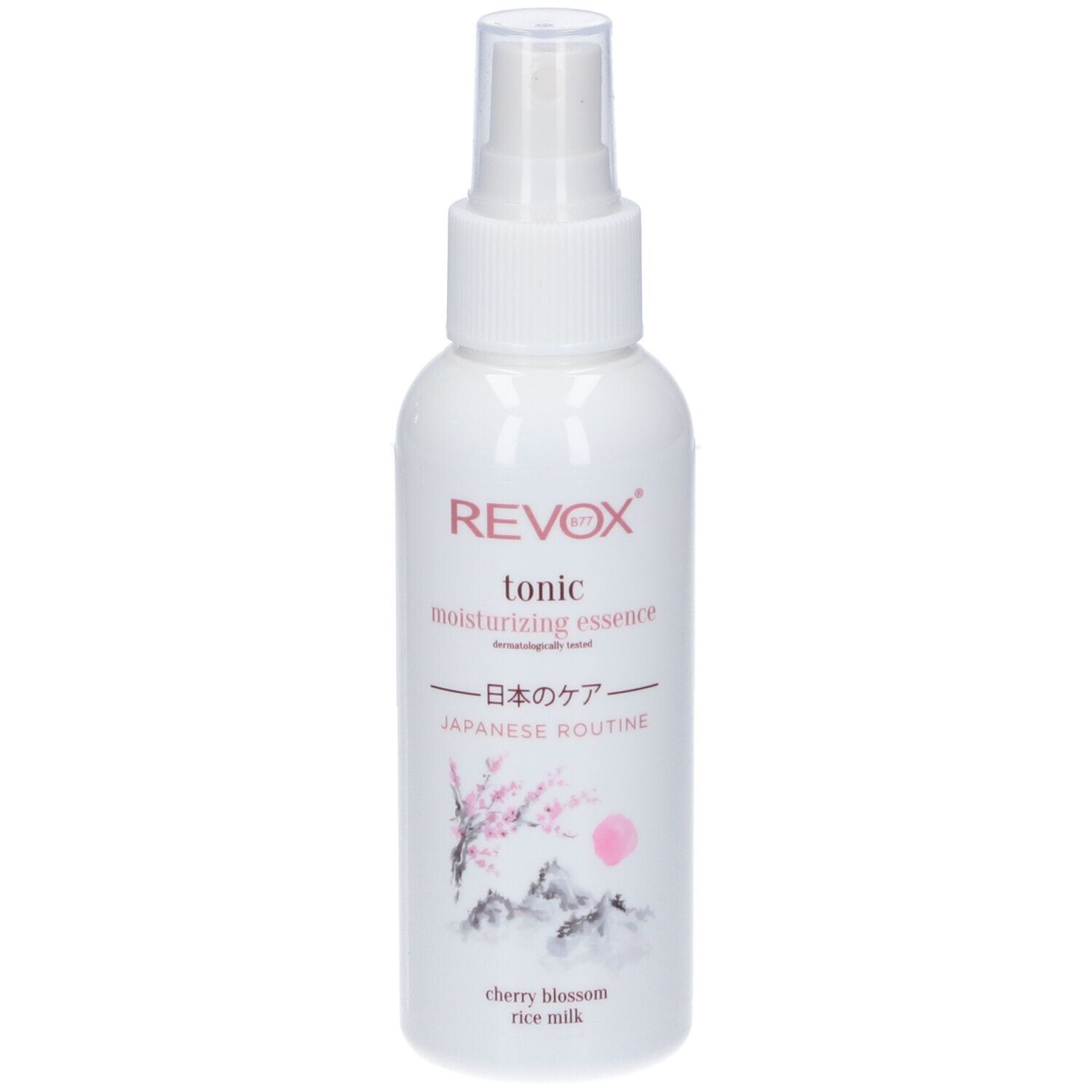 Revox Tonic Moisturizing Essence con fiori di ciliegio e latte di riso in un flacone spray bianco.