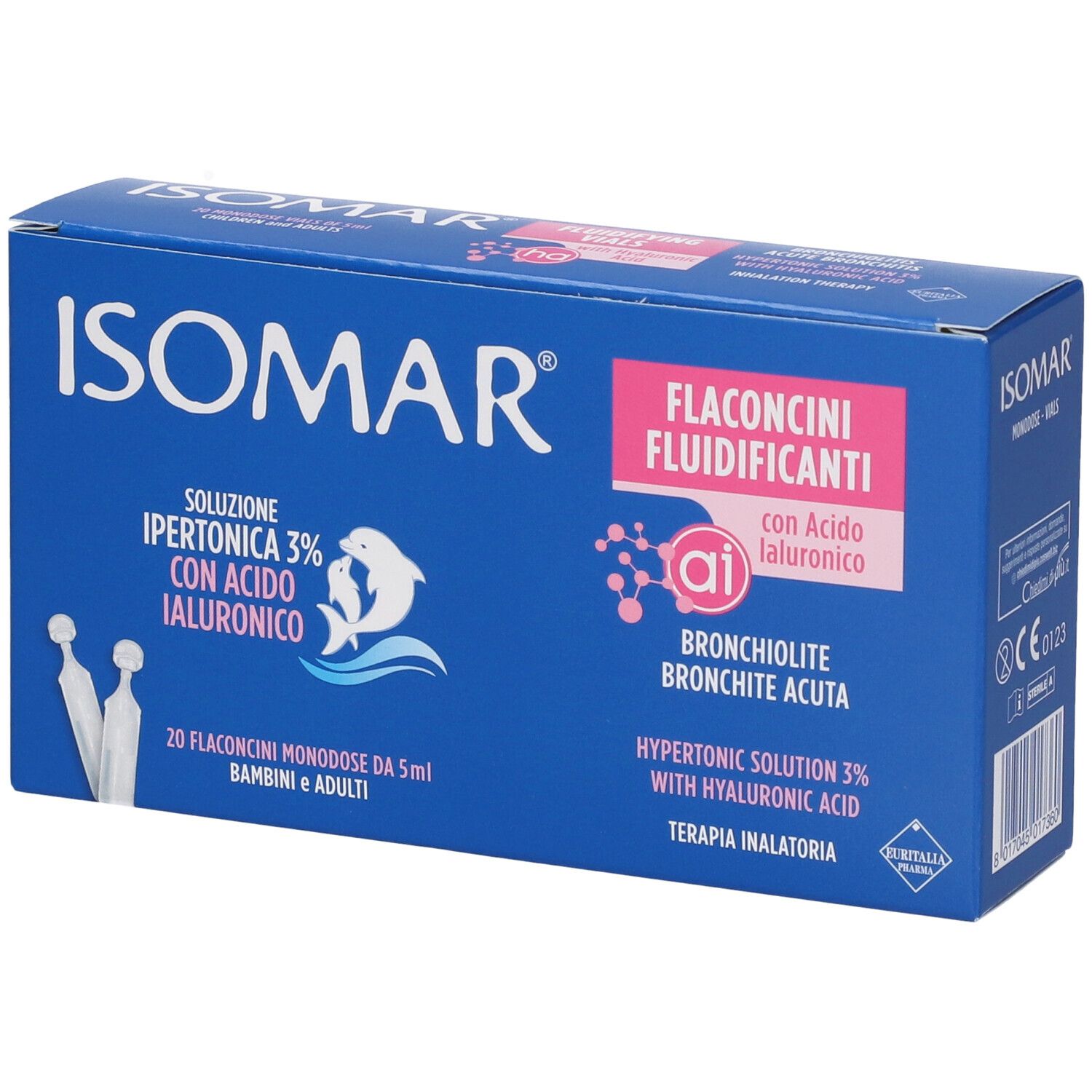 Scatola blu ISOMAR con 20 flaconcini. Soluzione Ipertonica 3% con Acido Ialuronico. Per bambini e adulti.