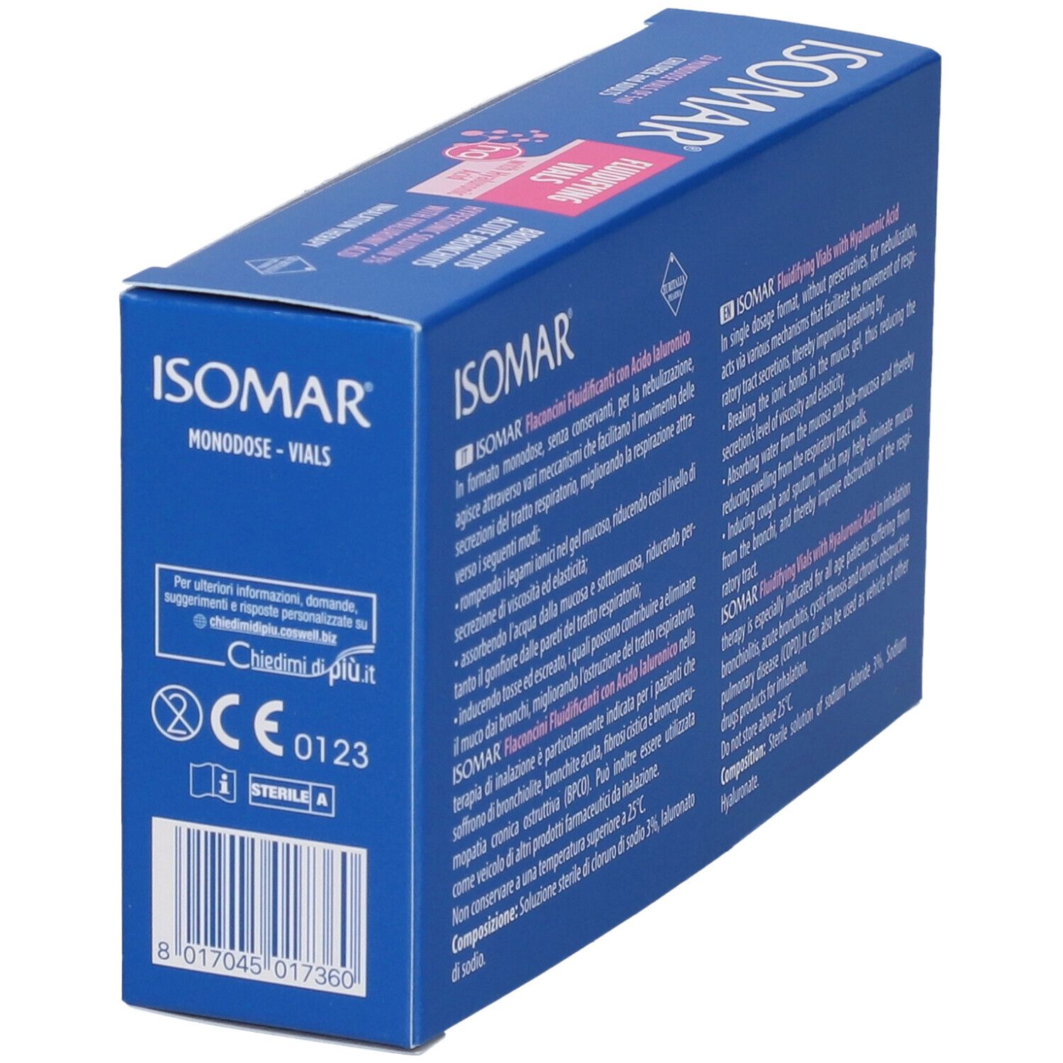 Scatola blu ISOMAR inclinata. Testo: Fluidifying Vials with Hyaluronic Acid. Marchio CE e codice a barre.