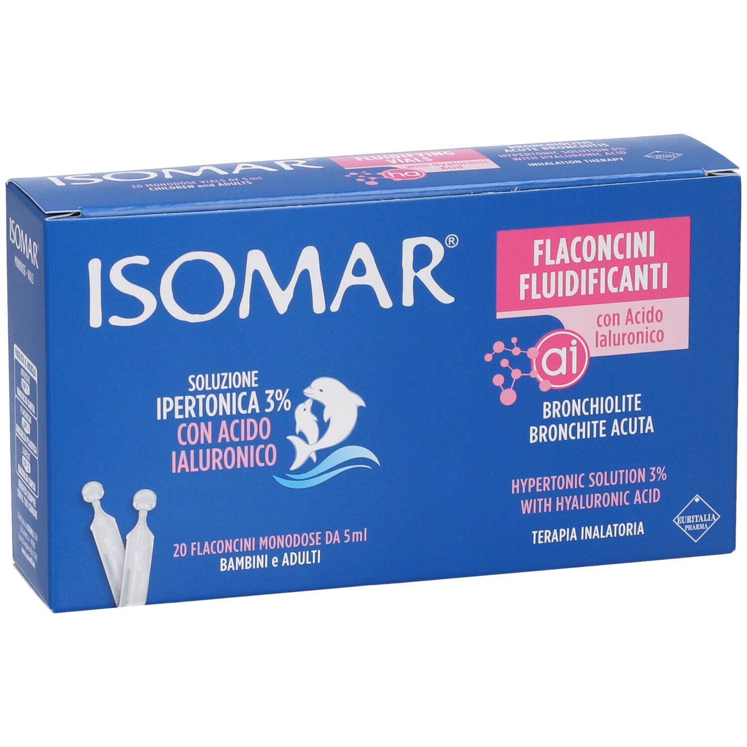 Scatola blu ISOMAR. Ipertonica 3% con Acido Ialuronico. 20 flaconcini. Per bambini e adulti.