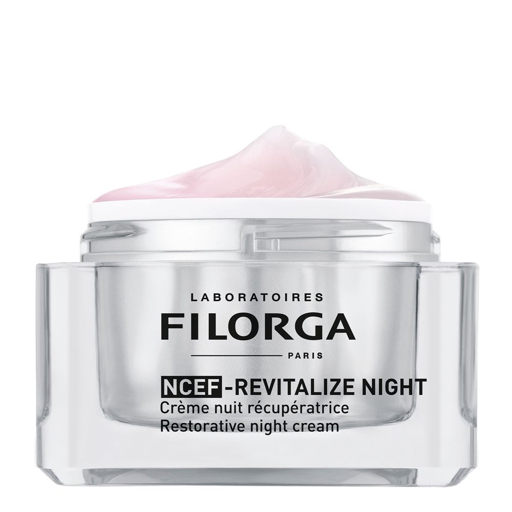 Creme-Tiegel mit Deckel und rosa Creme. Aufschrift: FILORGA PARIS, NCEF-REVITALIZE NIGHT, Crème nuit récupératrice, Restorative night cream.