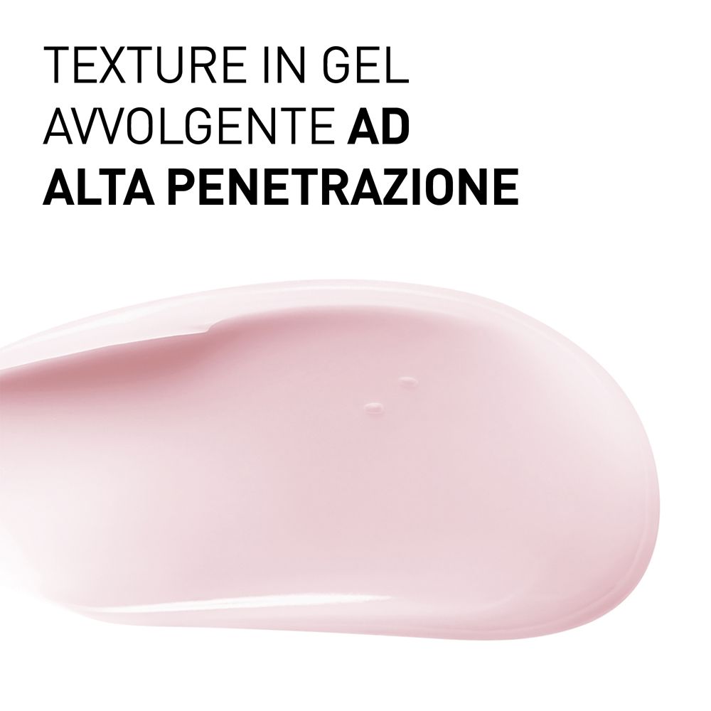 Rosa Creme-Textur auf weißem Hintergrund. Text: TEXTURE IN GEL, AVVOLGENTE AD, ALTA PENETRAZIONE.
