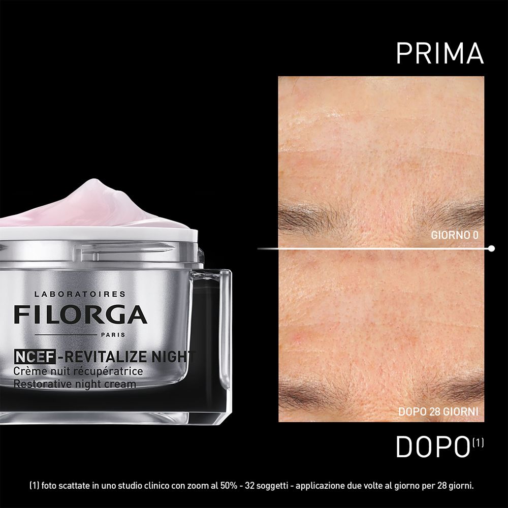 Gesicht vor und nach 28 Tagen. Creme-Tiegel. Text: FILORGA PARIS, NCEF-REVITALIZE NIGHT, Crème nuit récupératrice.
