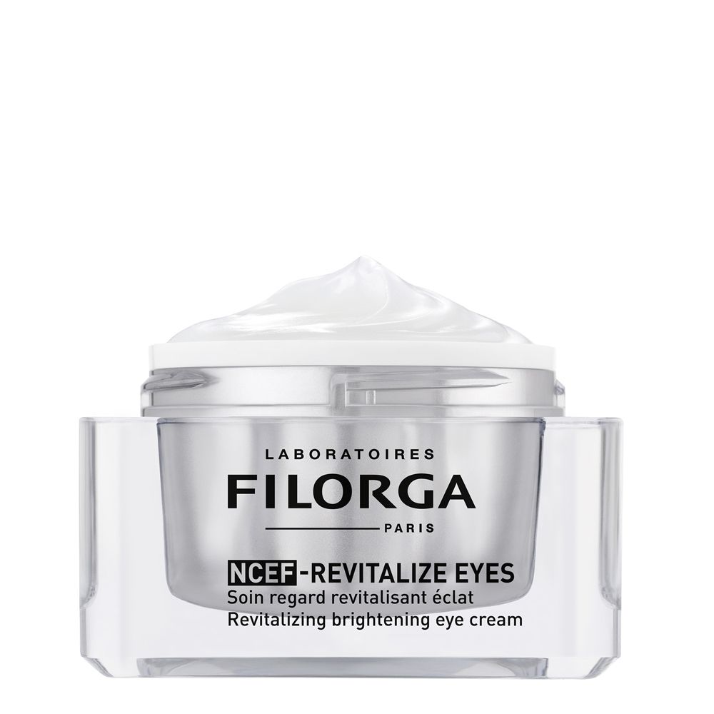 Cremebehälter mit Deckel. Aufschrift FILORGA, NCEF-REVITALIZE EYES. Creme auf dem Deckel sichtbar.