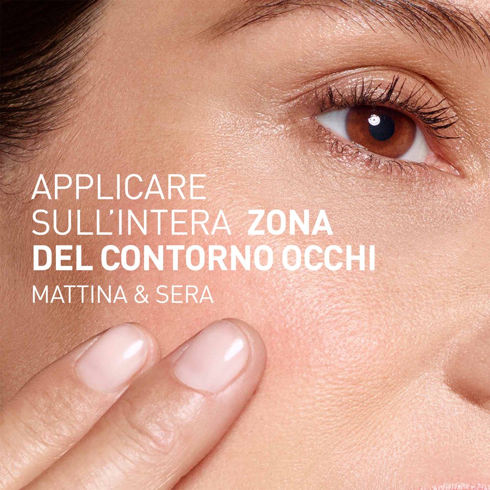 Auge mit Text: APPLICARE SULL'INTERA ZONA DEL CONTORNO OCCHI.