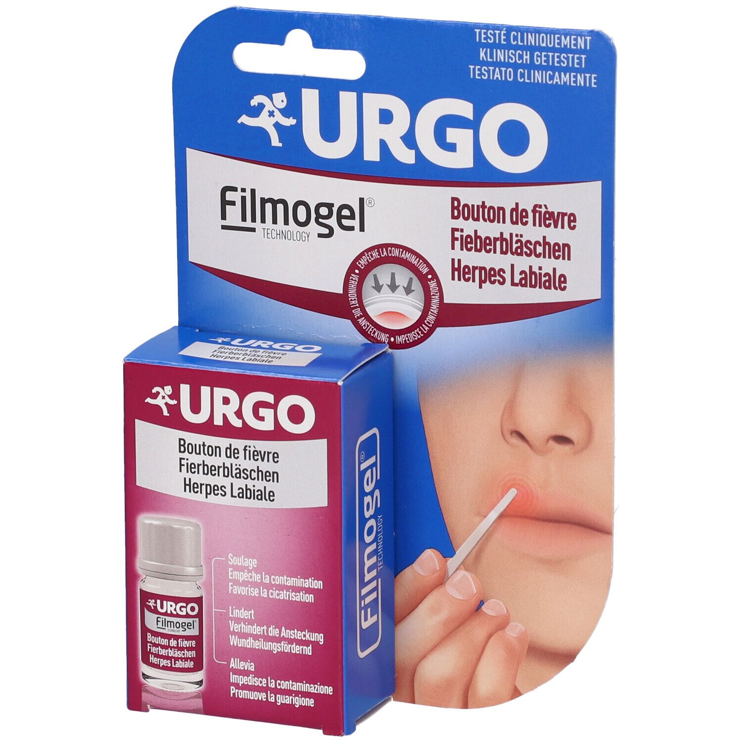 Verpackung mit Produkt und Produktfläschchen. Aufschrift: URGO Filmogel. Abbildung eines Mundes mit Lippenherpes.