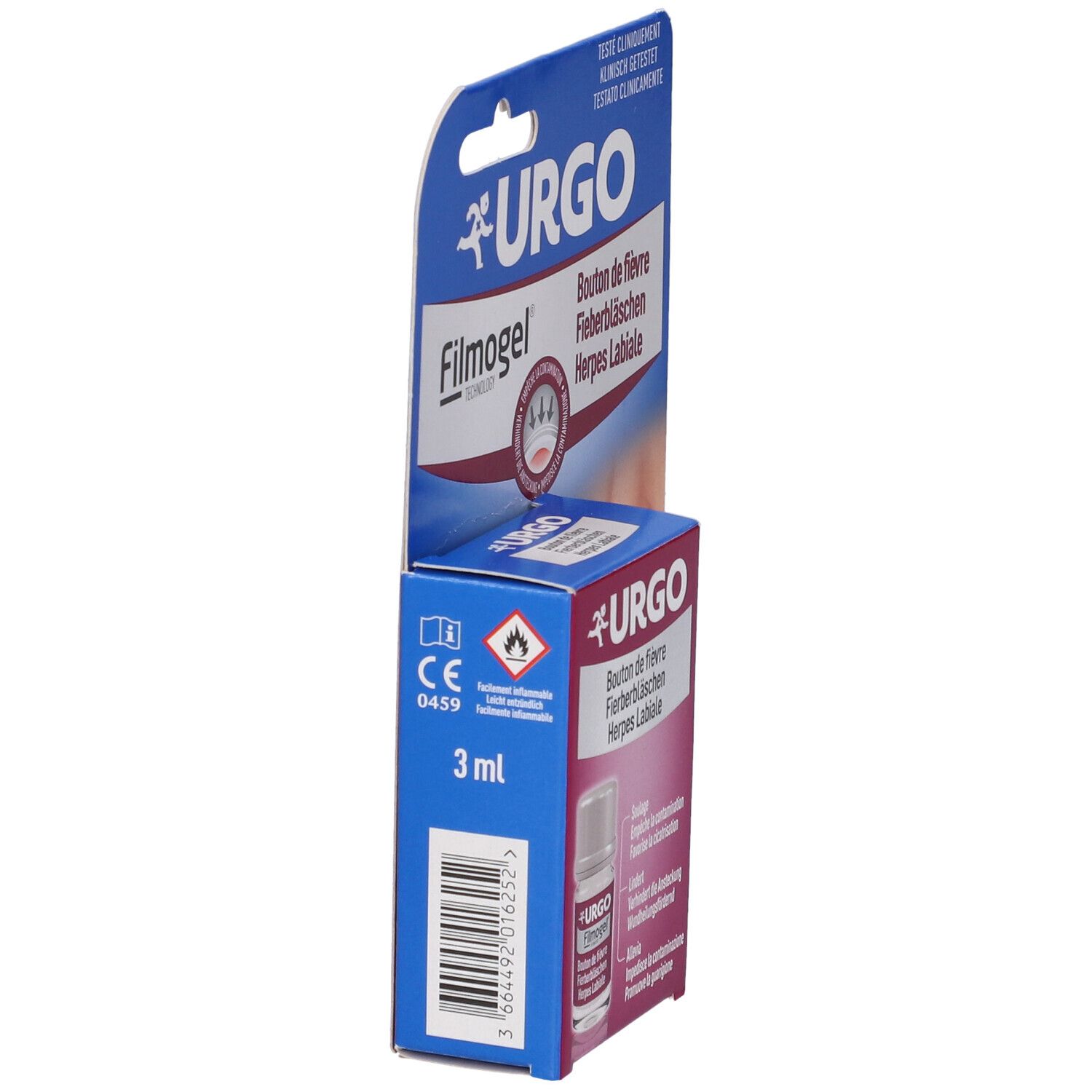 Produktverpackung. Aufschrift: URGO Filmogel. Enthält 3 ml. CE-Kennzeichnung.