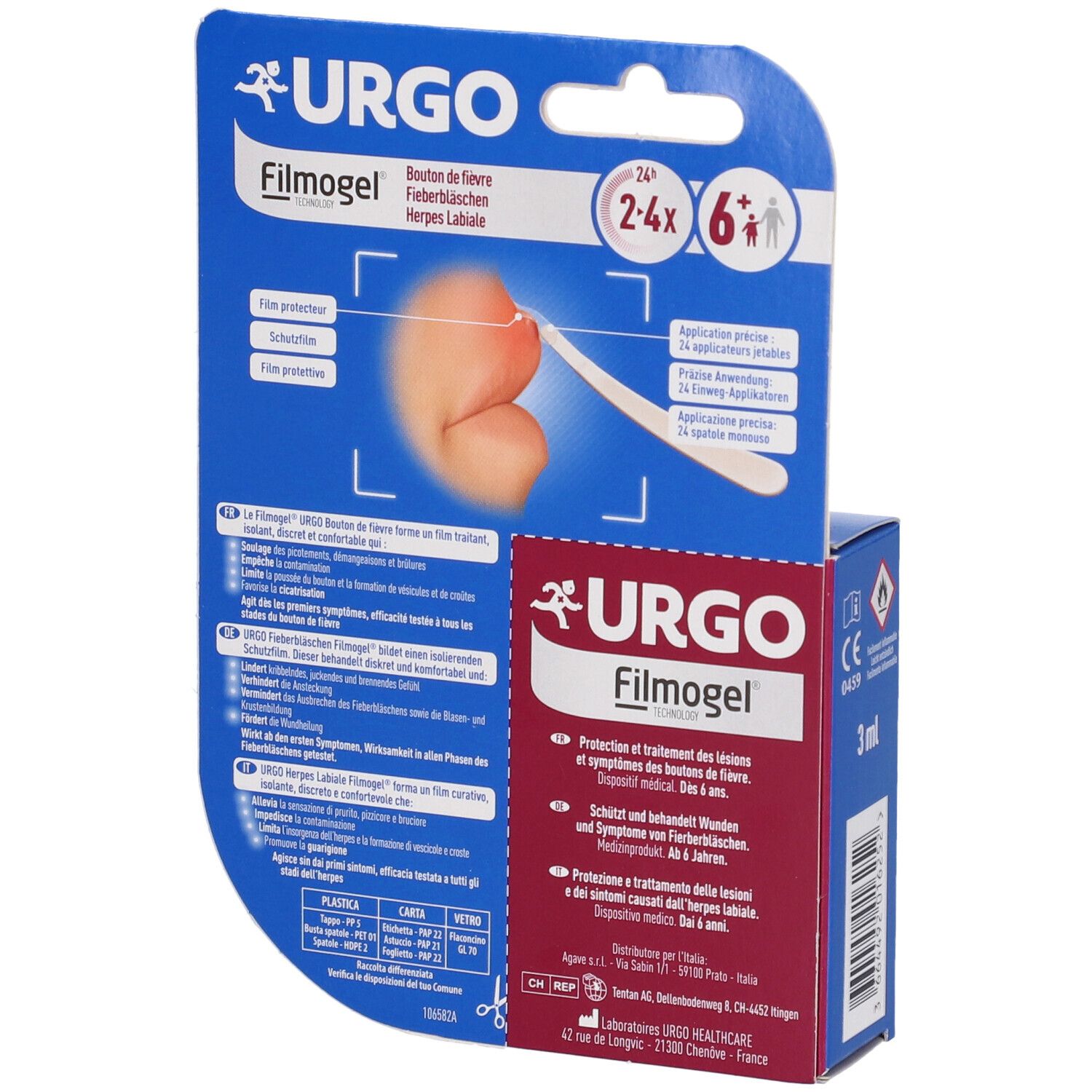 Rückseite der Produktverpackung. Aufschrift: URGO Filmogel. Enthält Informationen und Illustrationen.