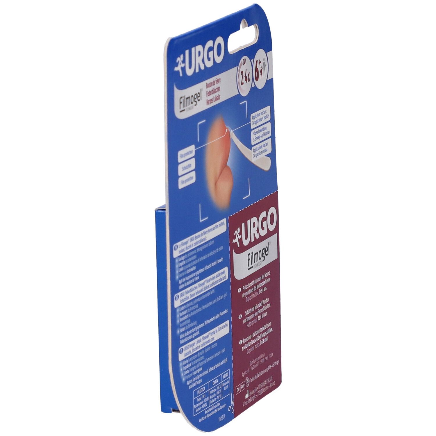 Seitenansicht der Produktverpackung. Aufschrift: URGO Filmogel. Enthält Informationen und Illustrationen.