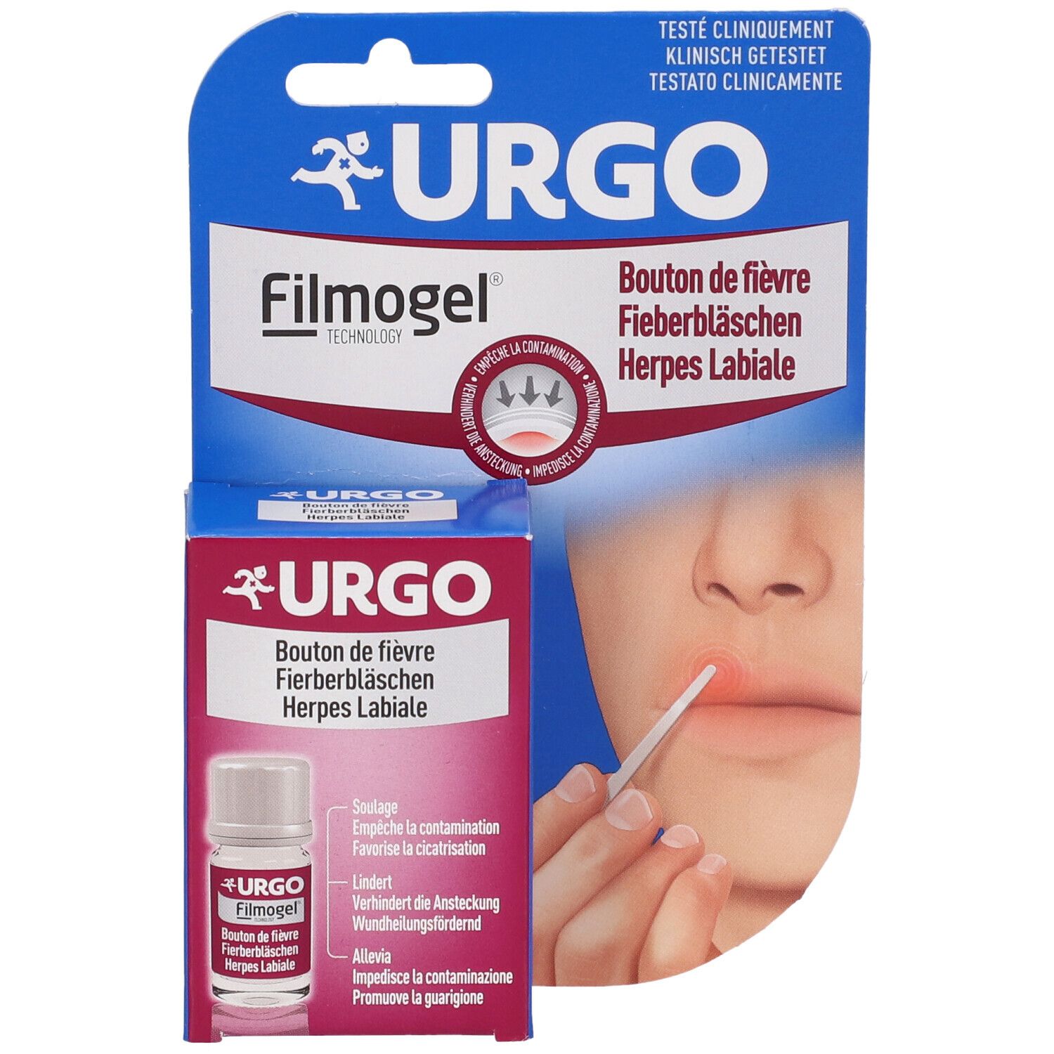 Verpackung mit Produkt und Produktfläschchen. Aufschrift: URGO Filmogel. Abbildung eines Mundes mit Lippenherpes.