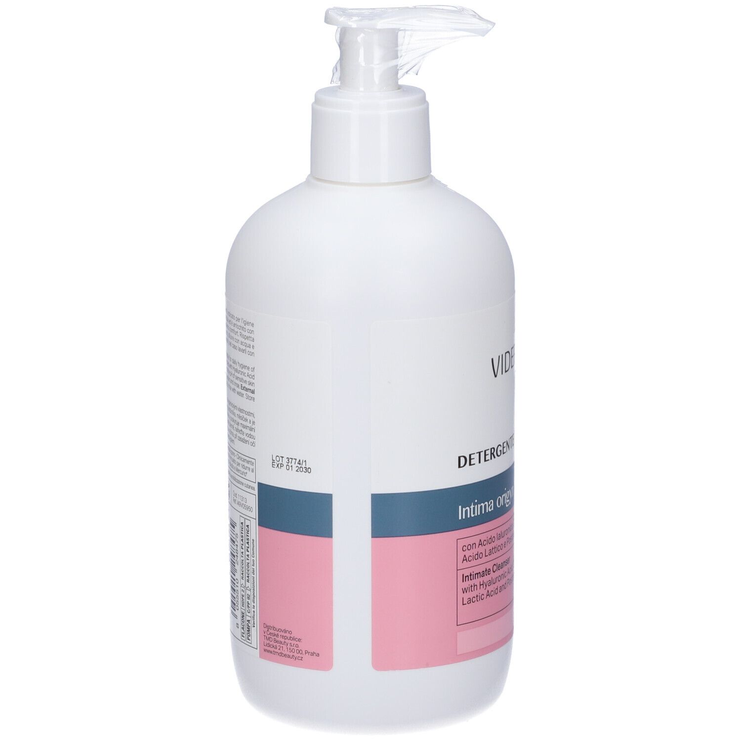 Weiße Pumpflasche mit Etikett, das "Detergente Intimo Original" angibt.