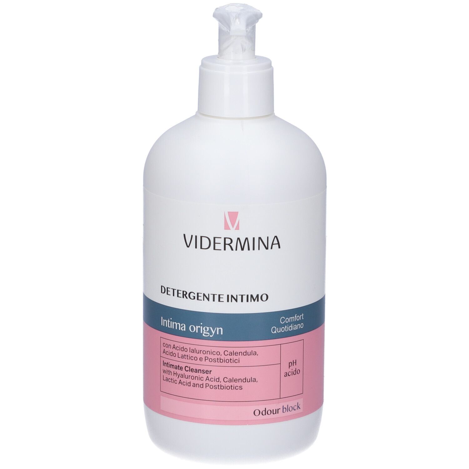 Weiße Pumpflasche mit Vidermina Intima Origyn Intimreiniger. Enthält Hyaluronsäure, Calendula, Milchsäure und Postbiotika.