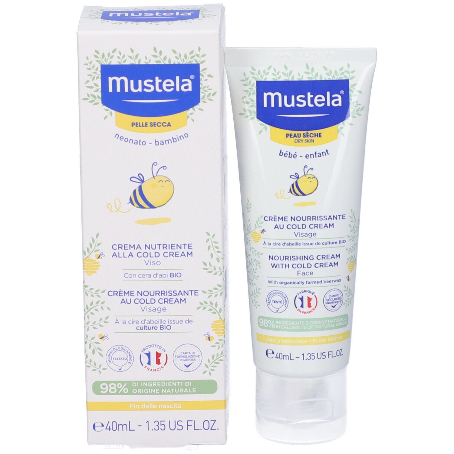 Produktverpackung mit Tube. Aufschrift: Crème nourrissante au cold cream. 40ml.