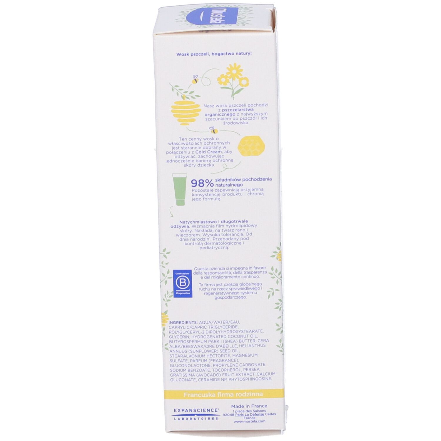 Seitenansicht der Produktverpackung. Text und Logos. Enthält Informationen über die Inhaltsstoffe.