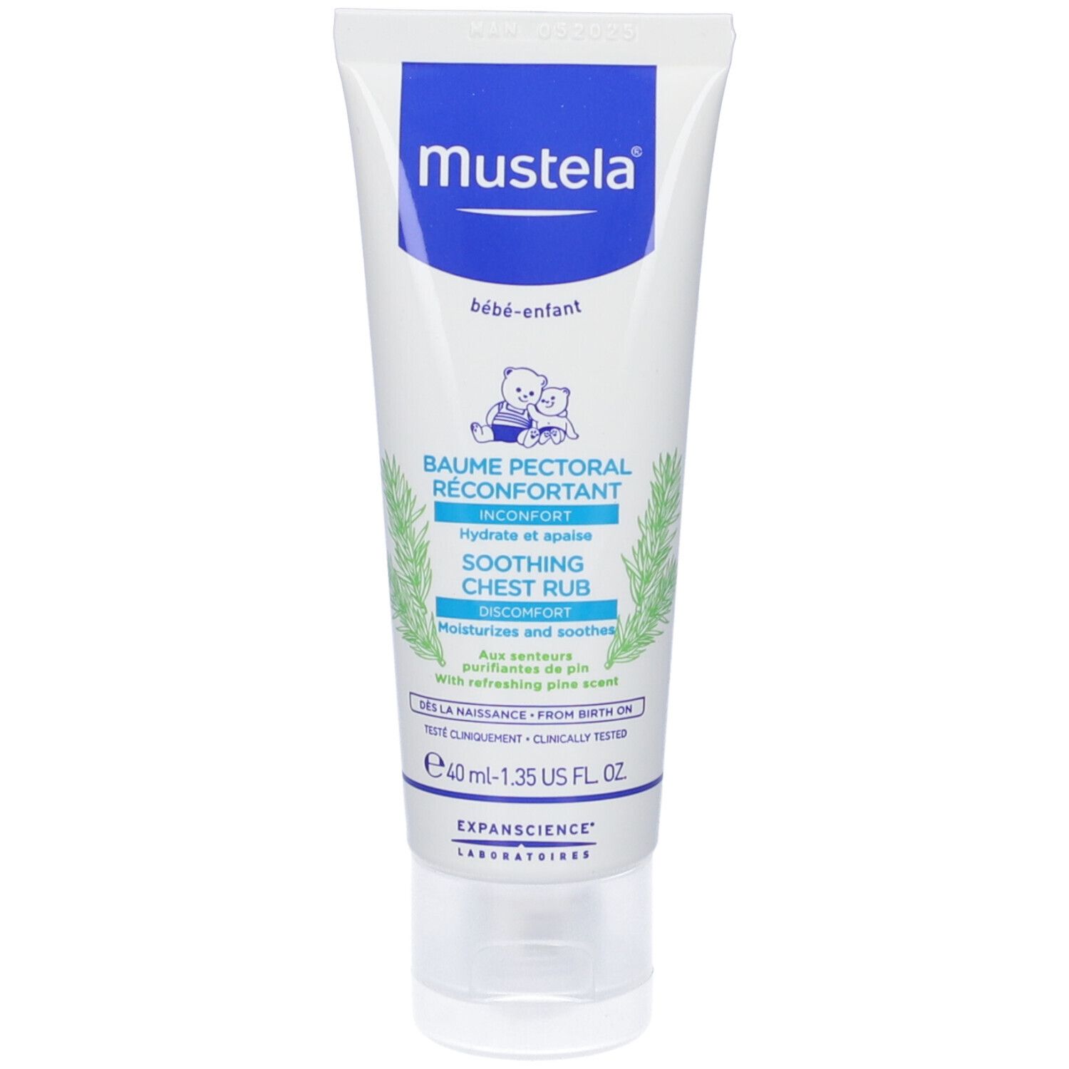 Weiß-blaue Tube mit Produktbezeichnung und Logo. Text: Baume pectoral réconfortant, Soothing chest rub. 40 ml.