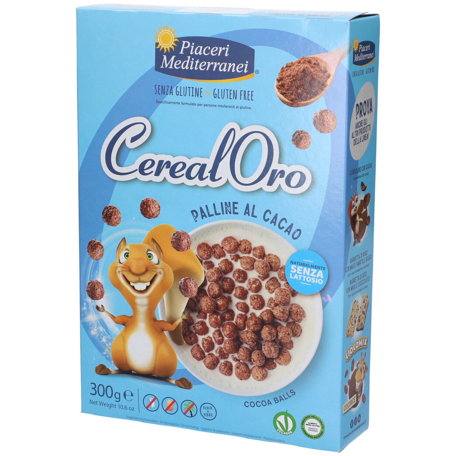 Hellblaue Packung Cereal Oro Kakao-Kugeln, glutenfrei, 300g.