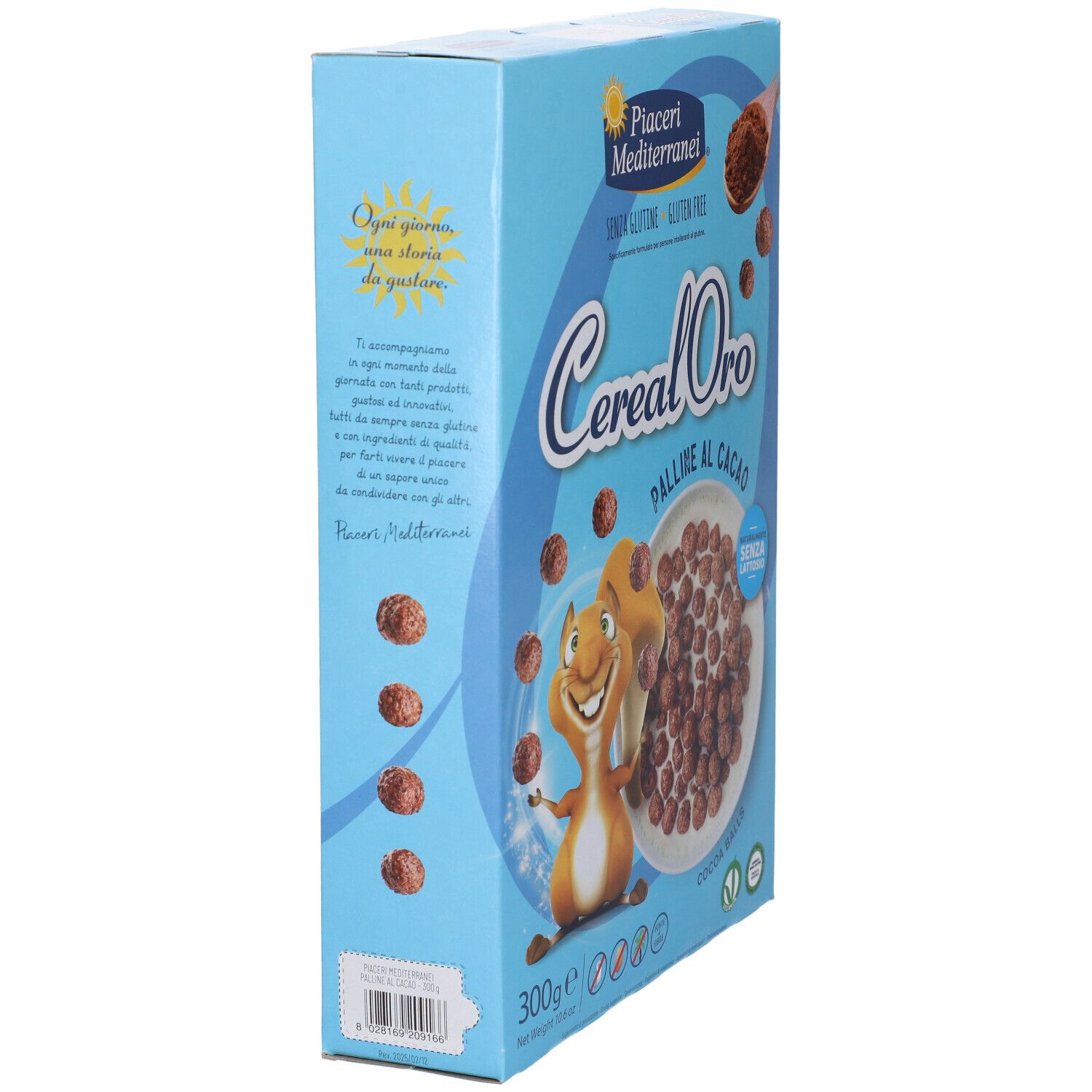Seitenansicht der hellblauen Packung Cereal Oro Kakao-Kugeln, glutenfrei, 300g.