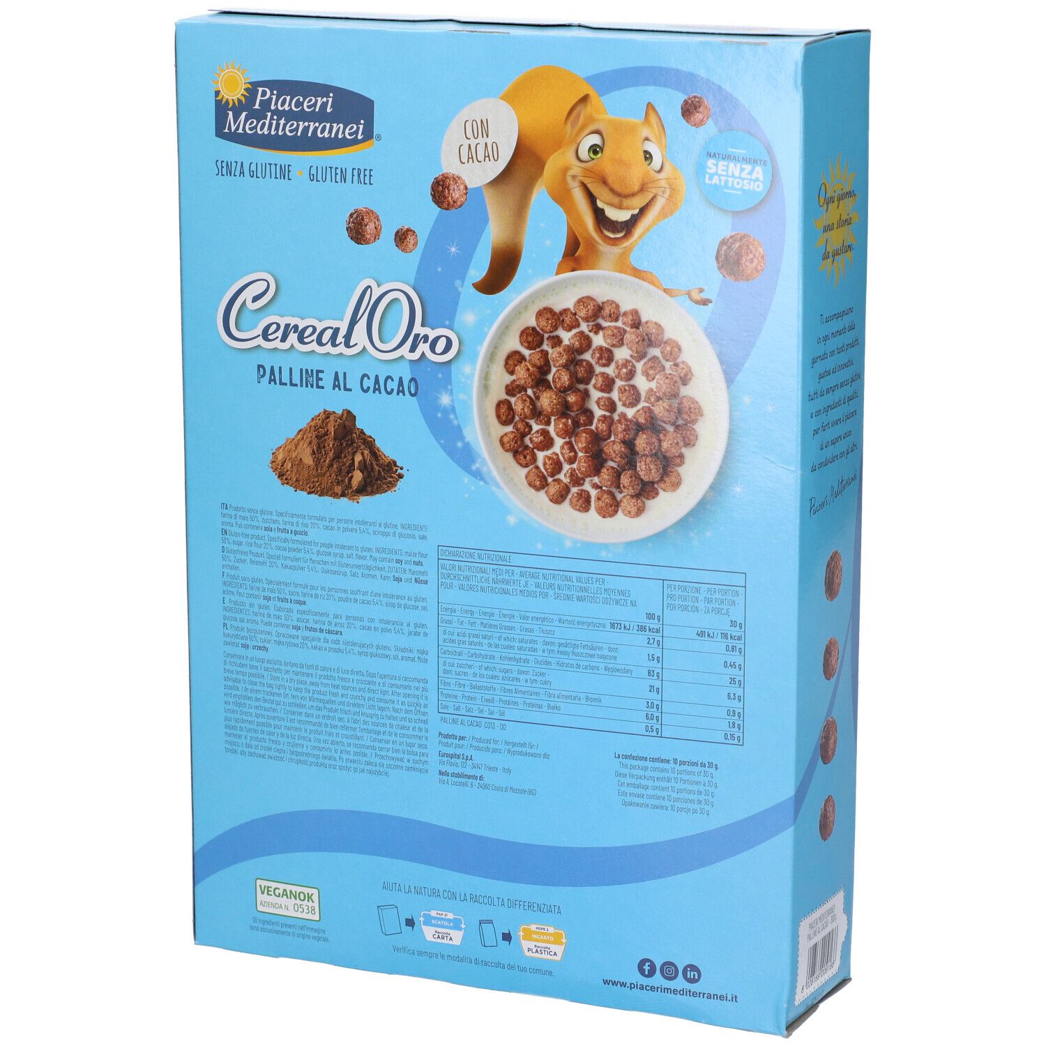 Rückseite der hellblauen Packung Cereal Oro Kakao-Kugeln, glutenfrei, 300g.