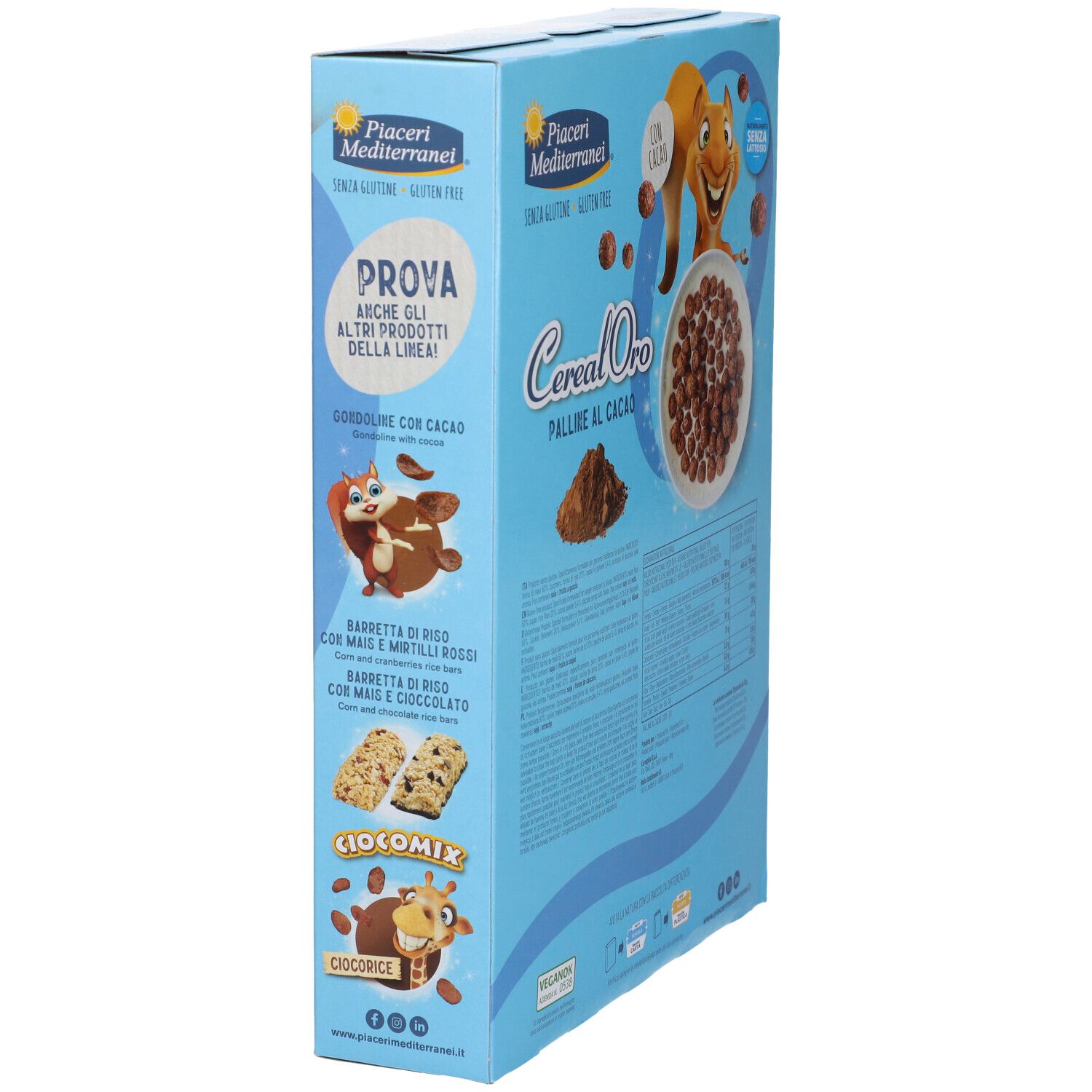 Seitenansicht der hellblauen Packung Cereal Oro Kakao-Kugeln, glutenfrei, 300g.