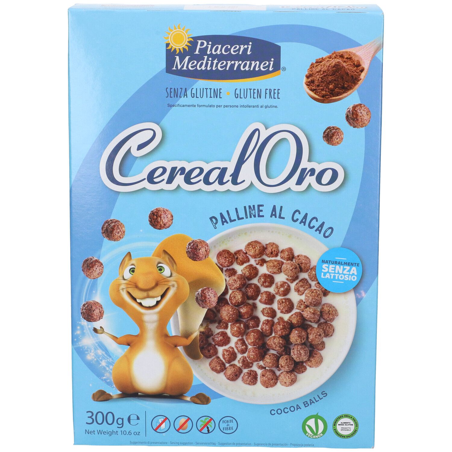 Vorderseite der hellblauen Packung Cereal Oro Kakao-Kugeln, glutenfrei, 300g.