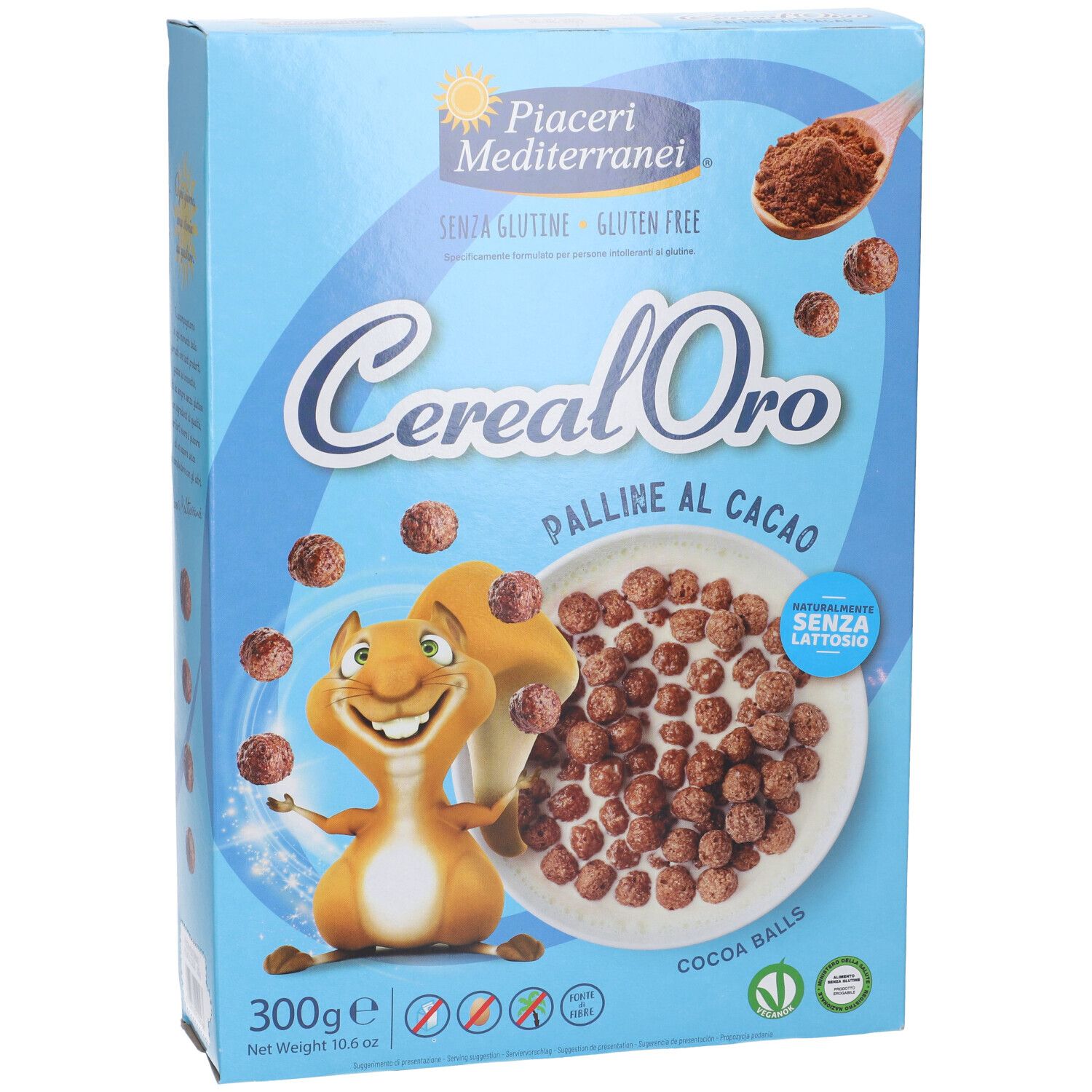 Vorderseite der hellblauen Packung Cereal Oro Kakao-Kugeln, glutenfrei, 300g.
