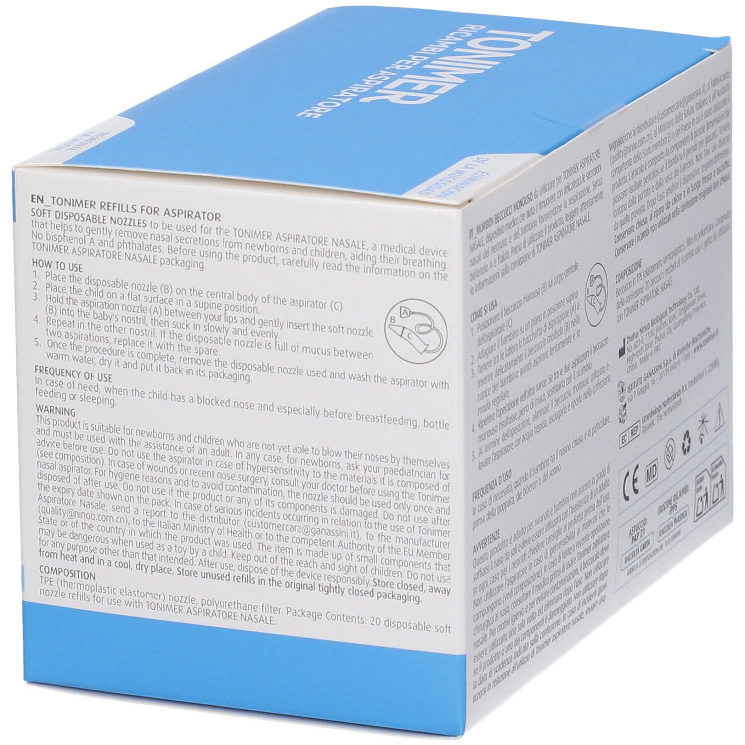 Seitenansicht der Packung mit 20 Einweg-Nasenaufsätzen. Enthält Anwendungshinweise und Produktinformationen.
