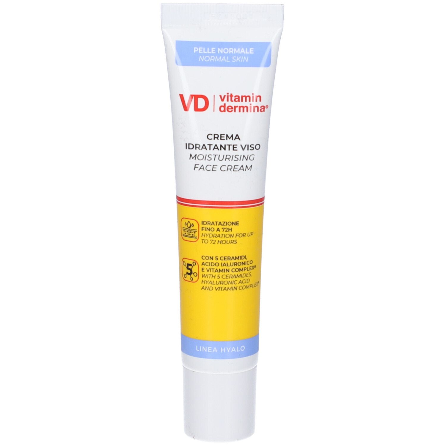 Creme-Tube mit Aufschrift VD Vitamindermina, Creme Idratante Viso. Gelb-weiße Tube mit blauen Akzenten. Für normale Haut.