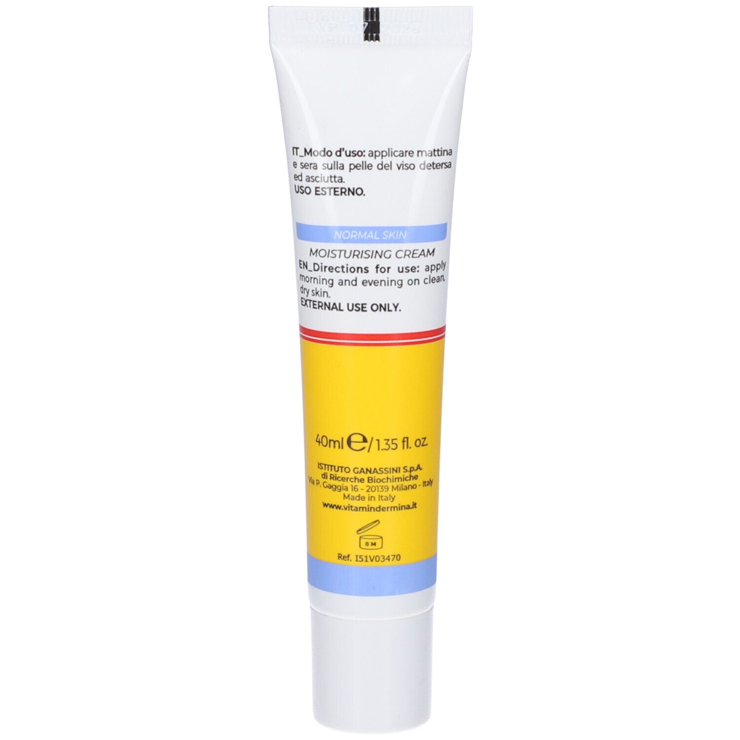 Rückseite der Creme-Tube. Text in italienischer und englischer Sprache. 40ml/1.35 fl.oz. Herstellerinformationen.