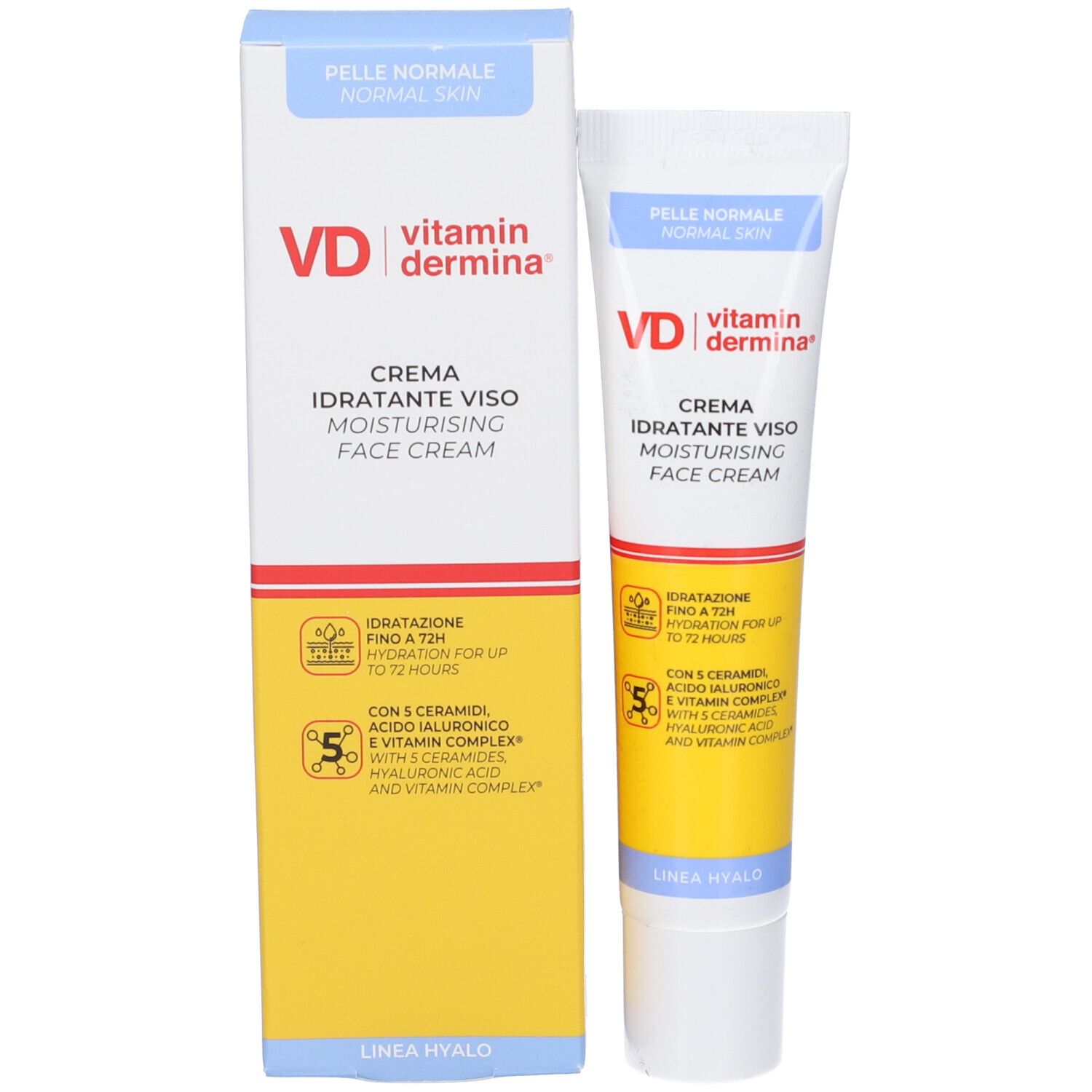 VD Vitamindermina Creme Idratante Viso und Verpackung. Weiße Tube und Schachtel mit gelben und blauen Elementen.