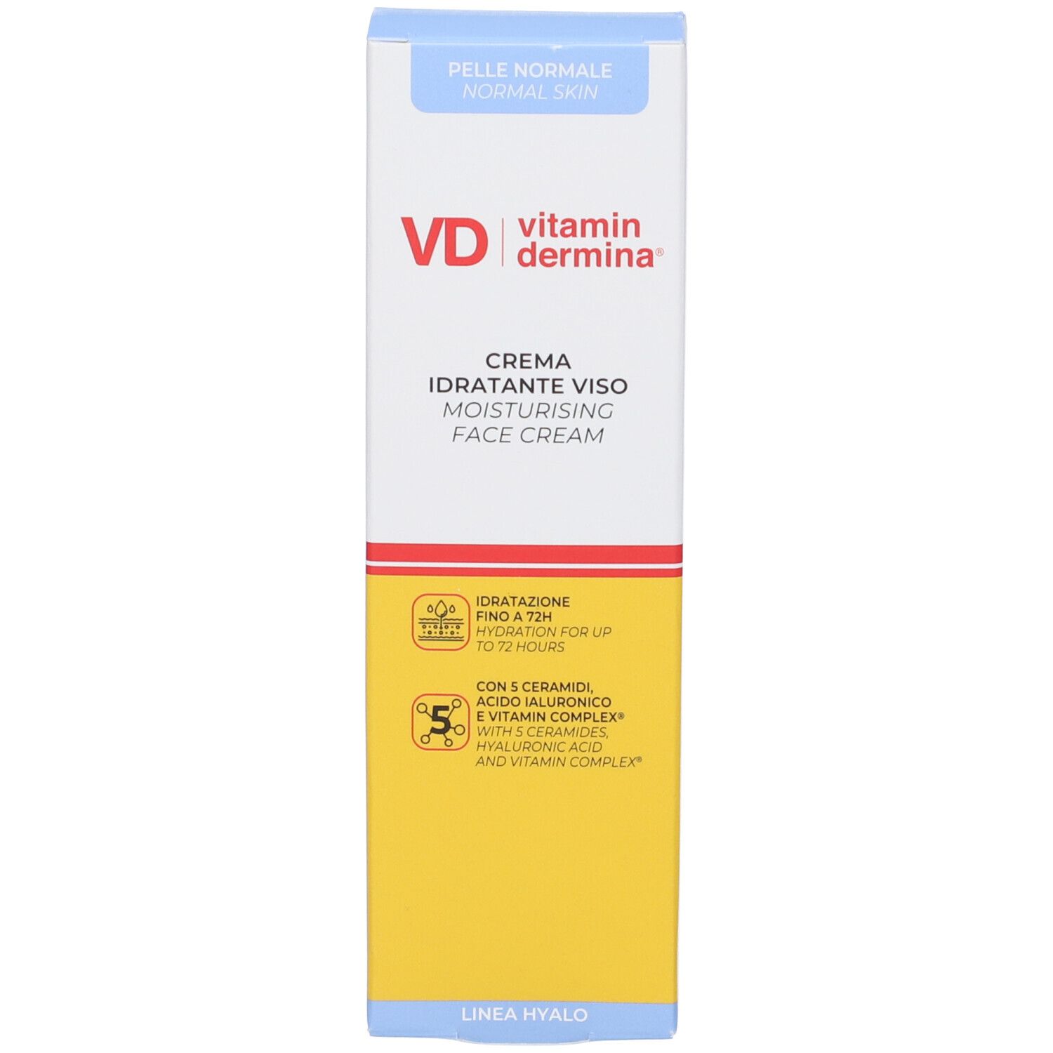 Verpackung der Creme Idratante Viso. Weiße Schachtel mit gelben und blauen Elementen. Text: VD Vitamindermina.