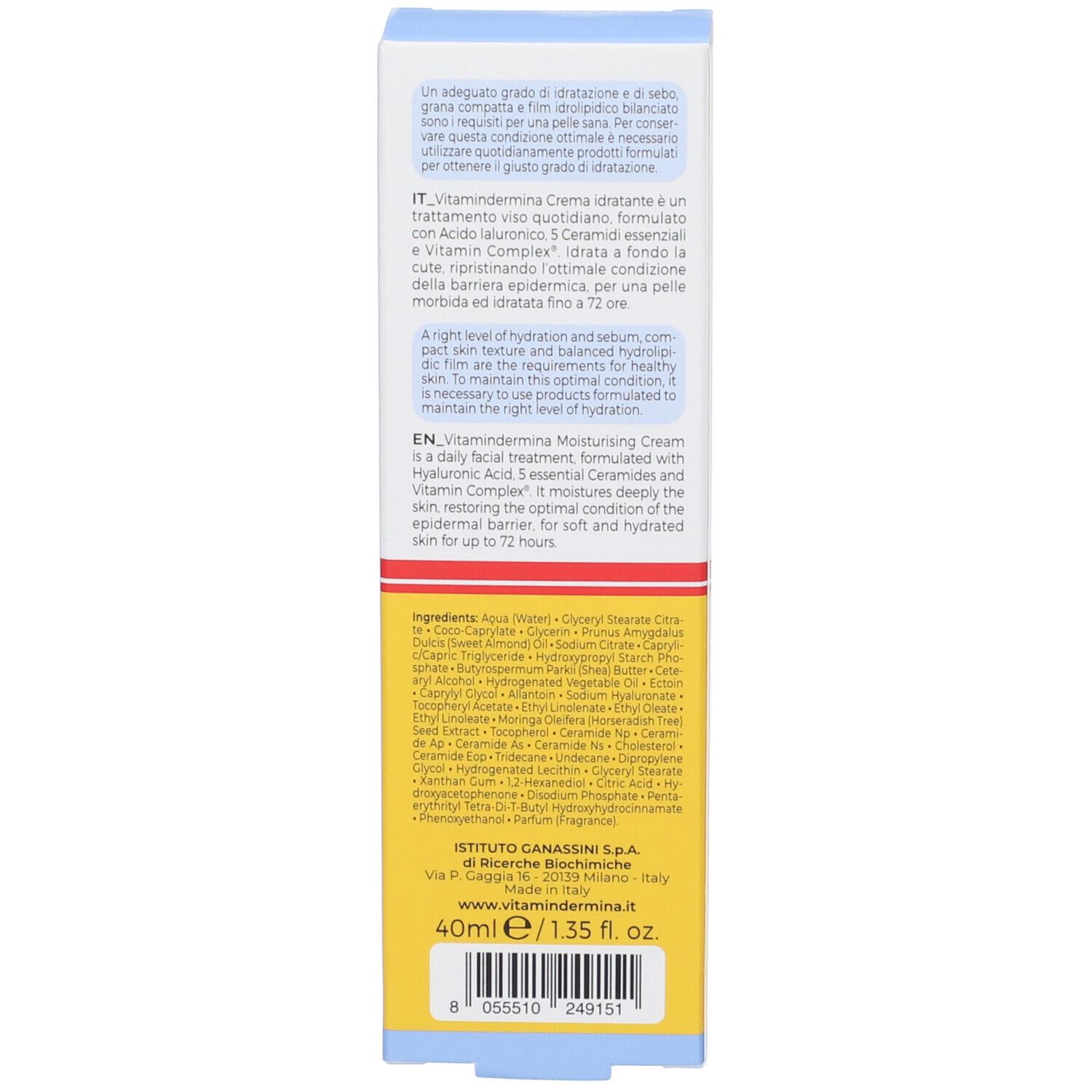 Detailansicht der Verpackung. Text in italienischer und englischer Sprache. Inhaltsstoffe, Anwendungshinweise.