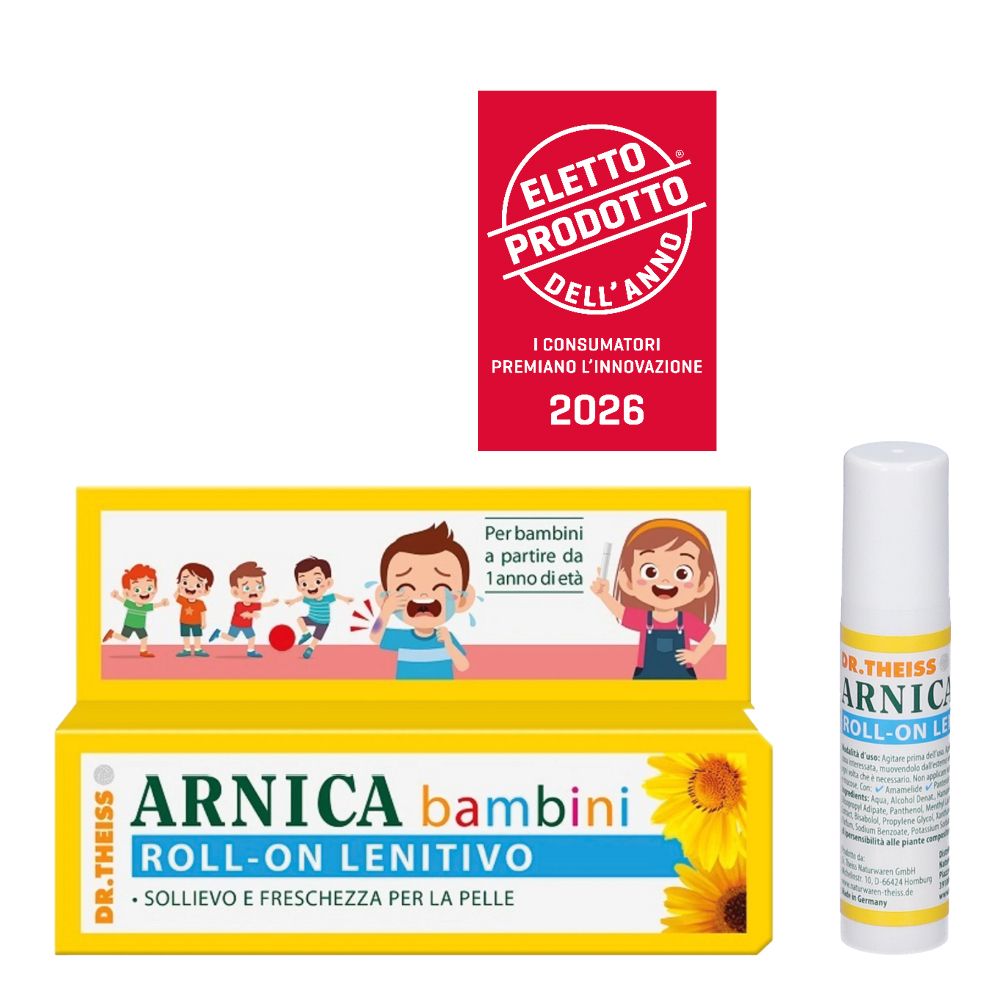 Confezione gialla e flacone roll-on. Sulla confezione: nome del prodotto, illustrazioni di bambini. Etichetta 'Prodotto dell'anno 2026'.