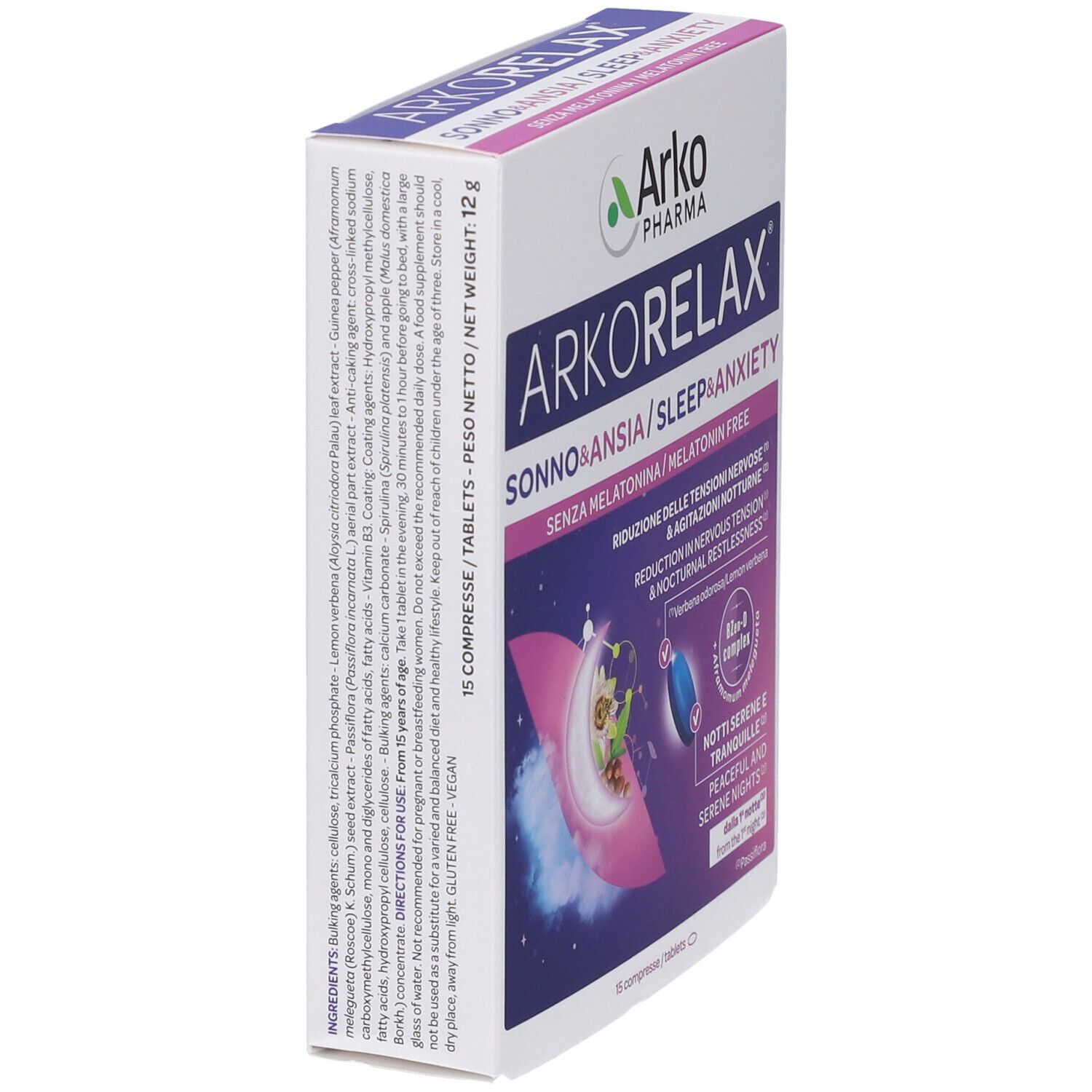 Retro della confezione Arkopharma Arkorelax Sonno e Ansia con elenco ingredienti.