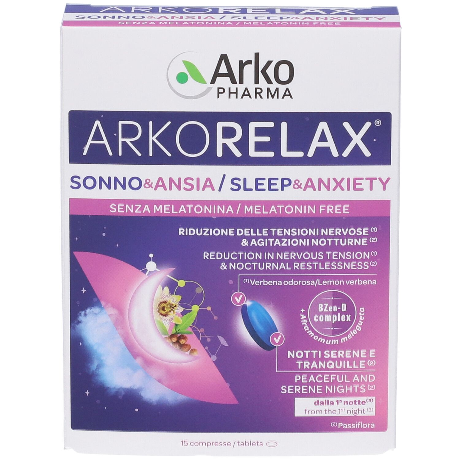 Fronte della confezione Arkopharma Arkorelax Sonno e Ansia con illustrazione luna del sonno.