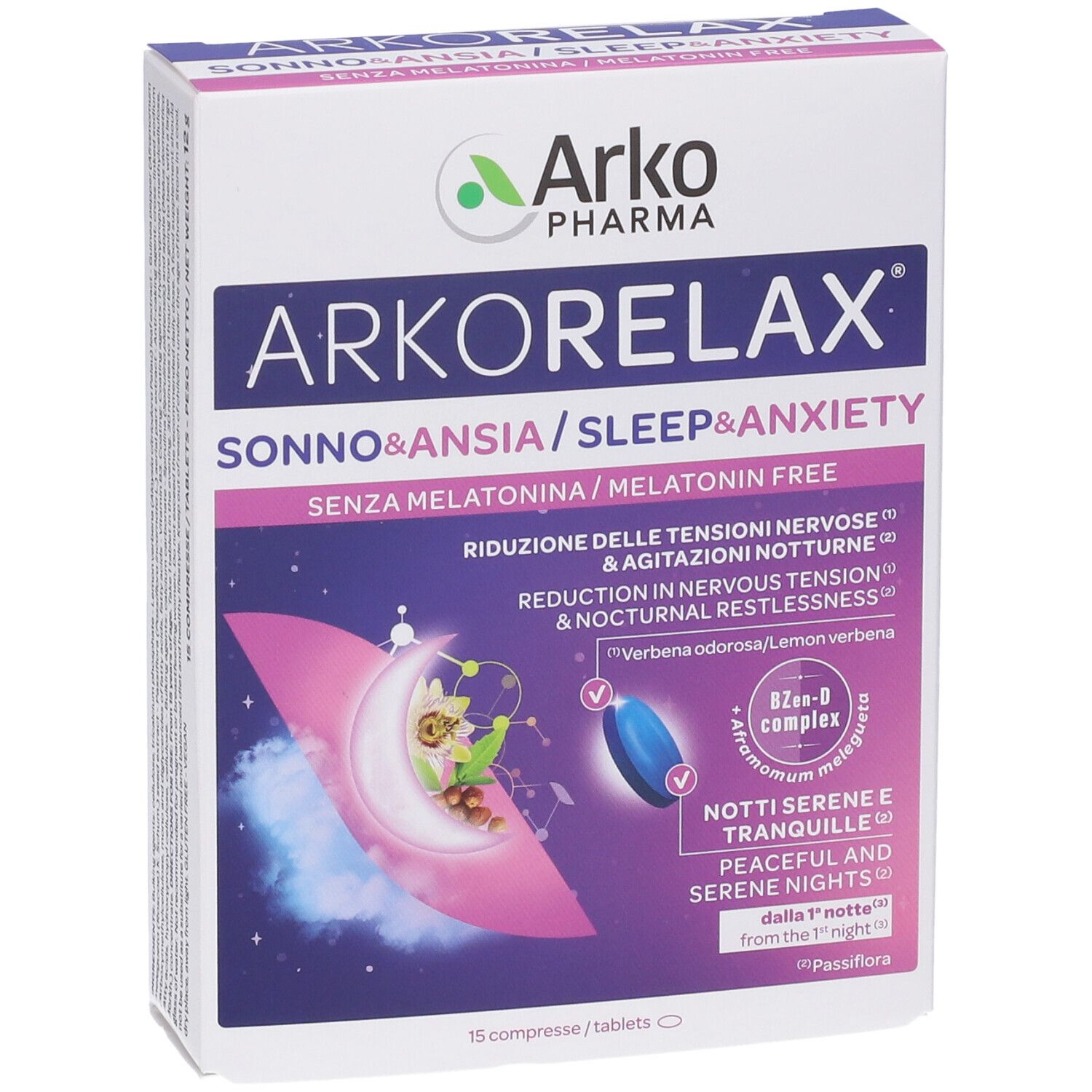 Fronte della confezione Arkopharma Arkorelax Sonno e Ansia, leggermente angolato.