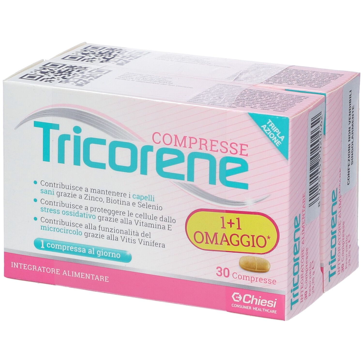 Confezione Tricorene Compresse, 30 compresse. Confezione rosa e bianca con nome e dettagli. 1+1 omaggio.