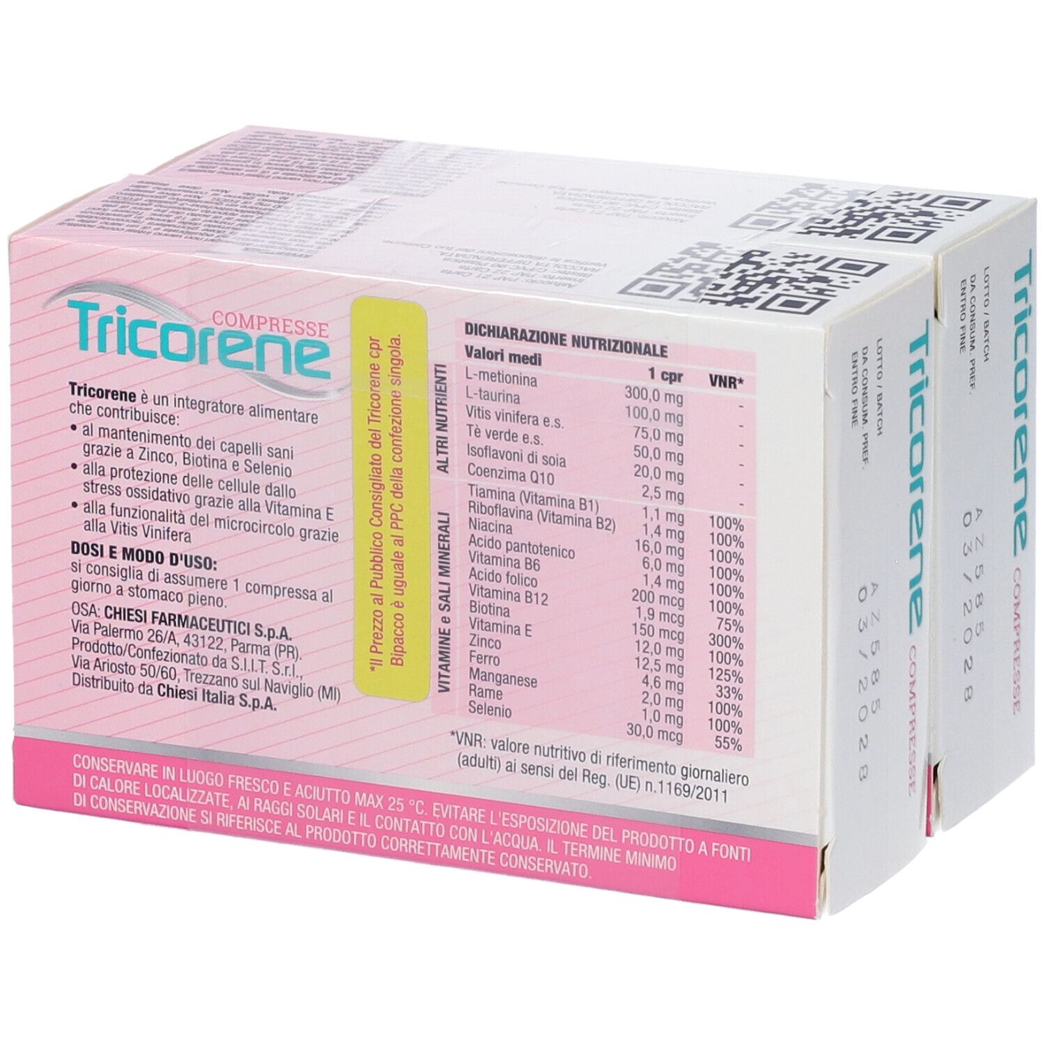 Retro di due confezioni Tricorene Compresse. Confezione rosa e bianca con informazioni e tabella nutrizionale.