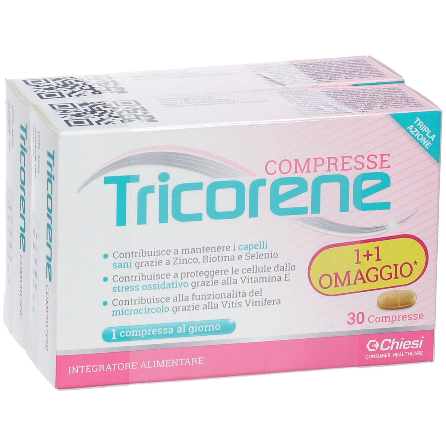 Due confezioni Tricorene Compresse affiancate. Confezione rosa e bianca con nome e dettagli. 1+1 omaggio.