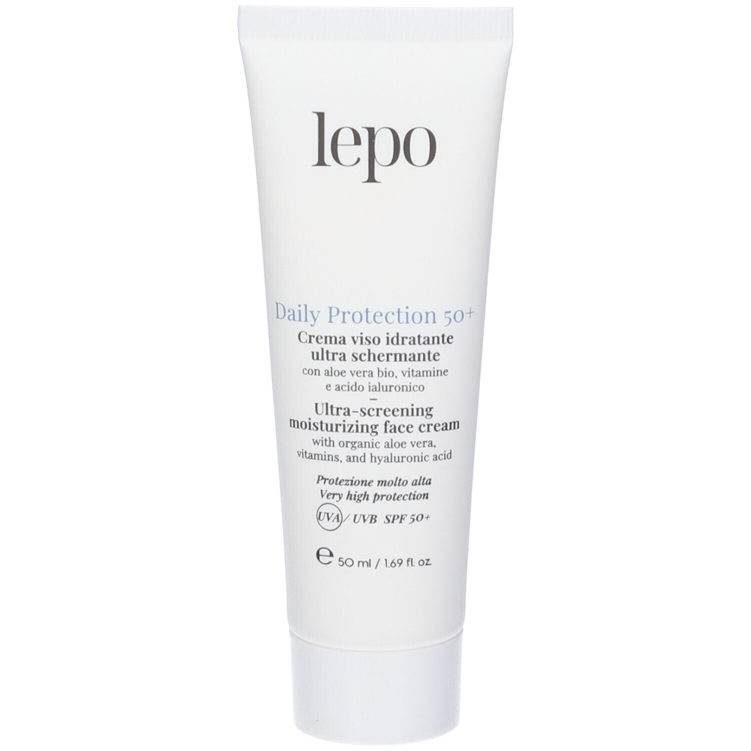 Tubo bianco con stampa del prodotto. Testo: Daily Protection 50+, crema viso ultra schermante. Marchio: lepo.