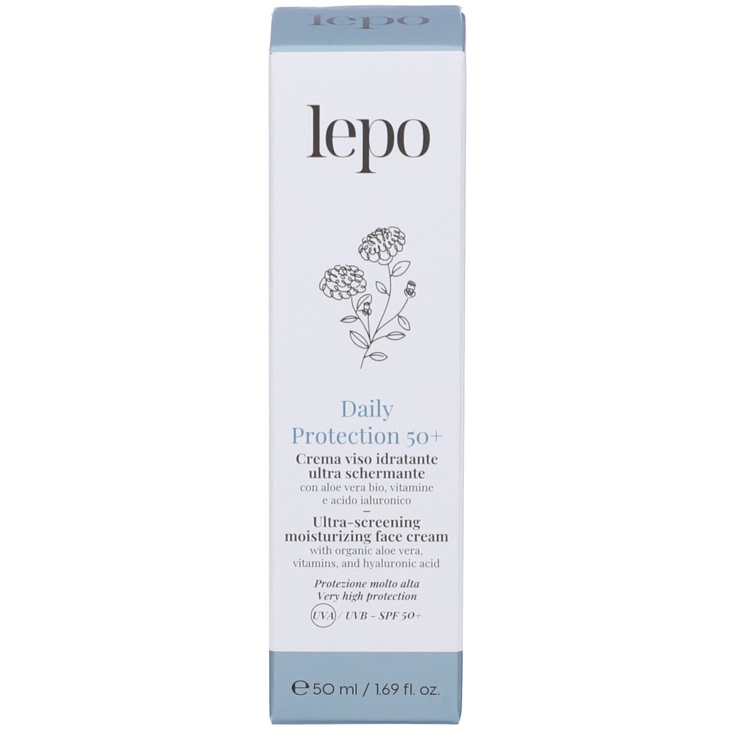 Scatola. Testo: Daily Protection 50+, crema viso ultra schermante. Marchio: lepo.