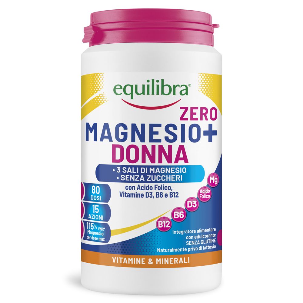 Flacone bianco con tappo rosa. Scritta: Equilibra, Magnesio+ Donna Zero. Contiene vitamine e minerali.