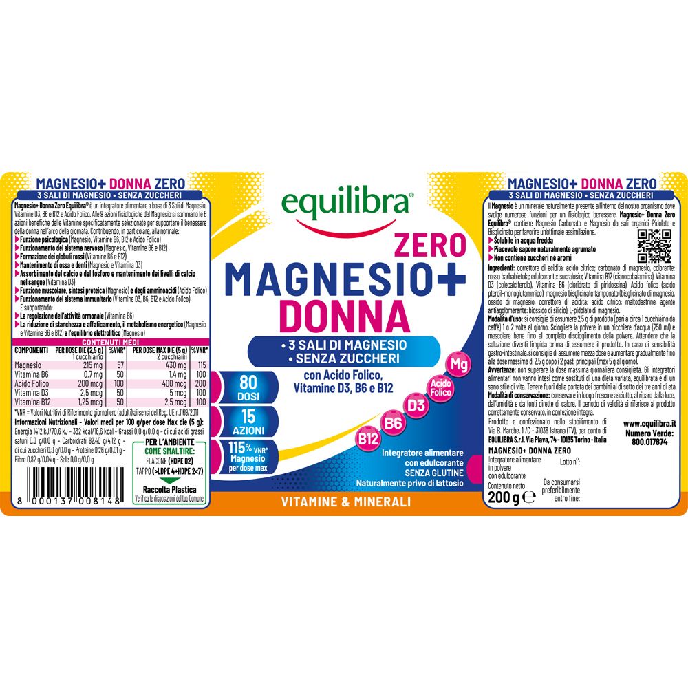 Confezione del prodotto con informazioni. Contiene: Equilibra, Magnesio+ Donna Zero. Informazioni nutrizionali e ingredienti visibili.