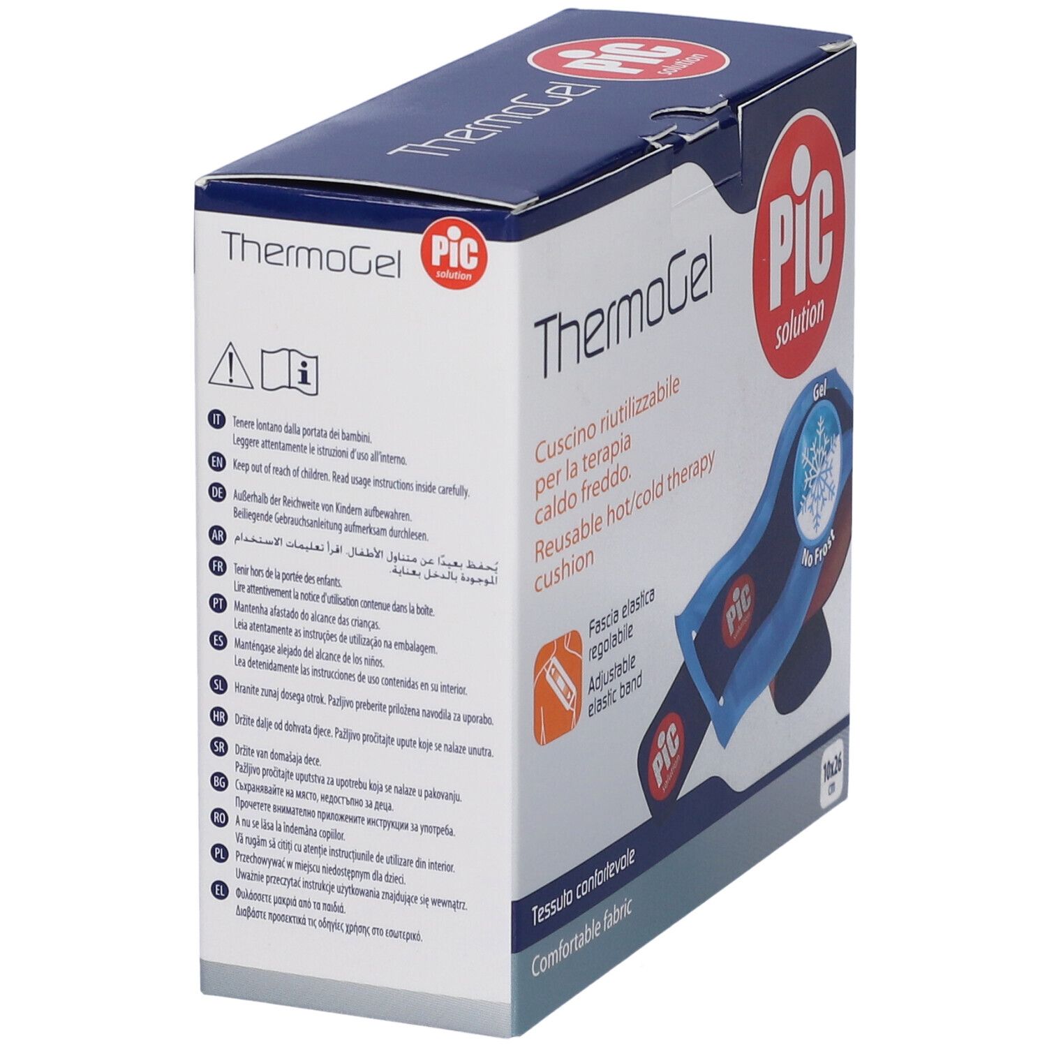 Verpackung PIC ThermoGel. Text mit Warnhinweisen und Gebrauchsanweisungen. Wiederverwendbares Wärme-/Kälte-Kissen.