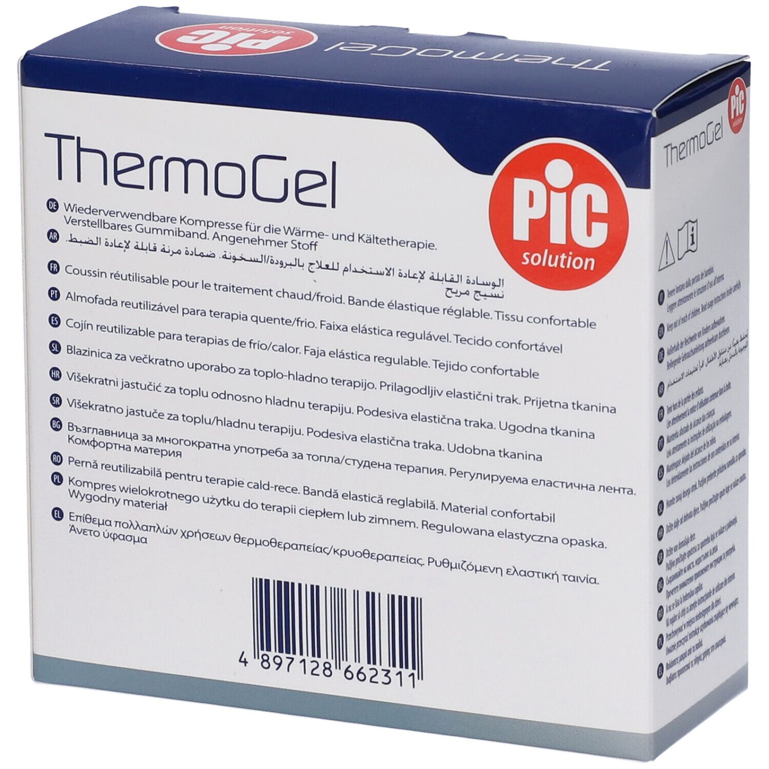 Rückseite der Verpackung PIC ThermoGel. Mehrsprachiger Text. Wiederverwendbares Wärme-/Kälte-Kissen. Bequemes Gewebe.