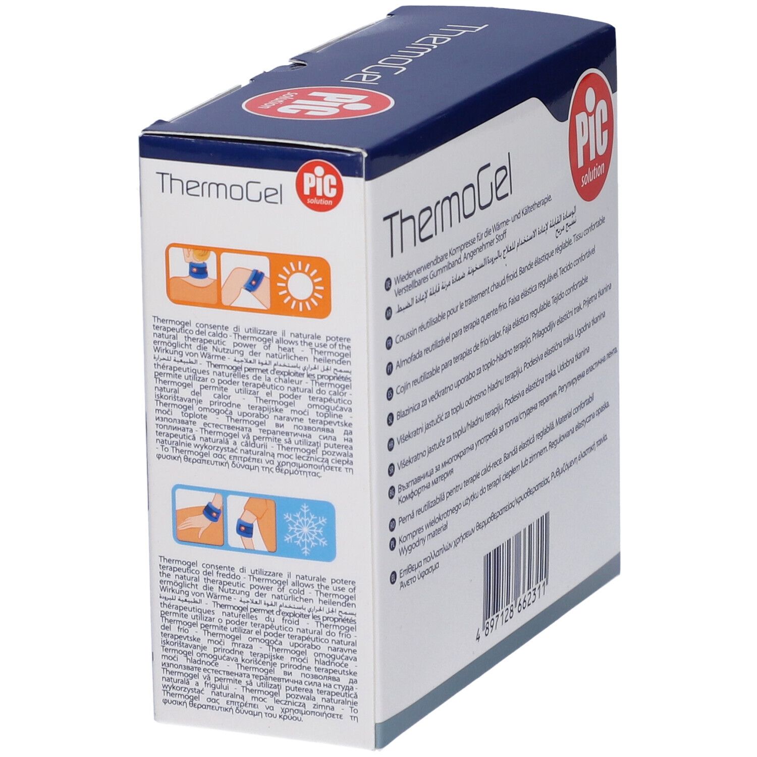 Verpackung PIC ThermoGel. Text mit Anwendungsbeispielen. Wiederverwendbares Wärme-/Kälte-Kissen.