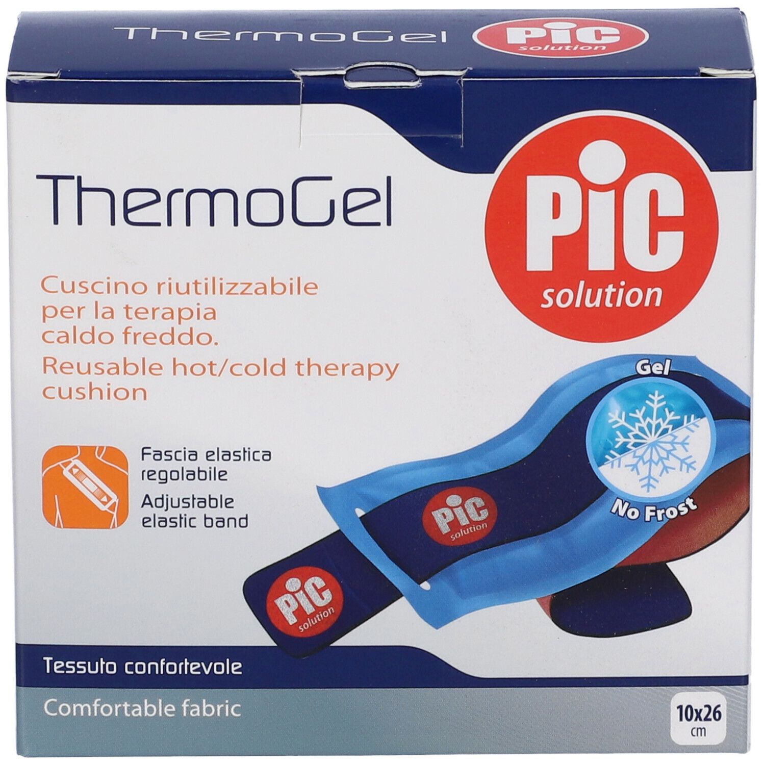 Verpackung PIC ThermoGel. Wiederverwendbares Wärme-/Kälte-Kissen mit verstellbarem Band. Größe: 10x26cm. Bequemes Gewebe.